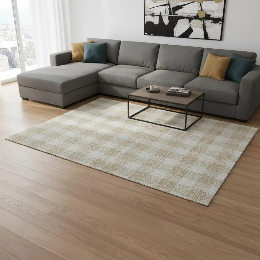 Beige And Ivory Plaid Washable Area Rug With UV Protection Photo 2