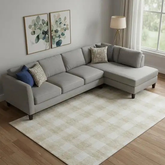 Beige And Ivory Plaid Washable Area Rug With UV Protection Photo 1