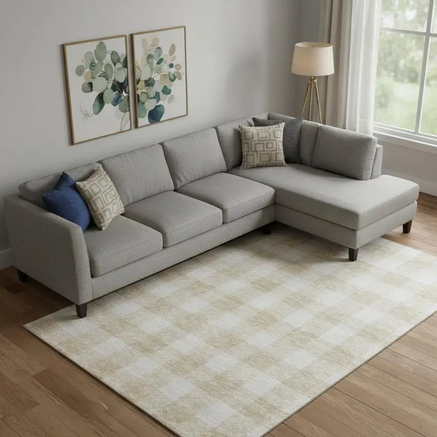 Beige And Ivory Plaid Washable Area Rug With UV Protection Photo 1
