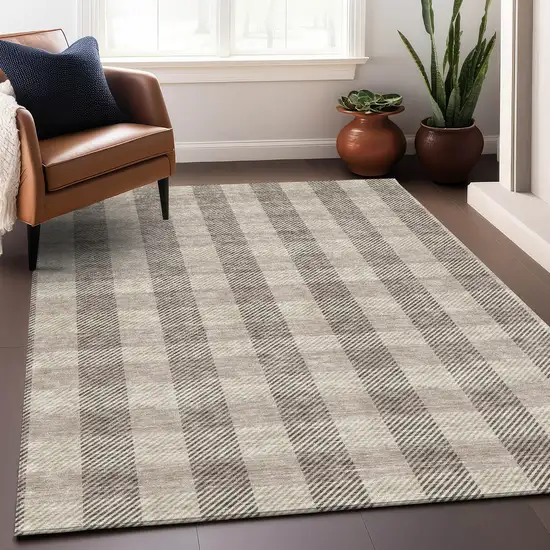 Beige And Ivory Plaid Washable Area Rug With UV Protection Photo 3