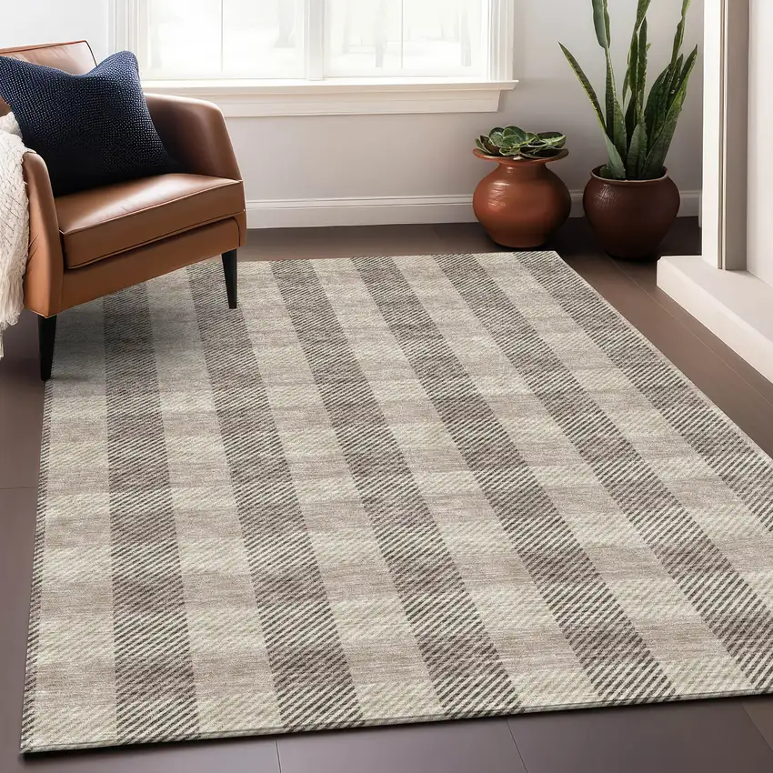 Beige And Ivory Plaid Washable Area Rug With UV Protection Photo 3
