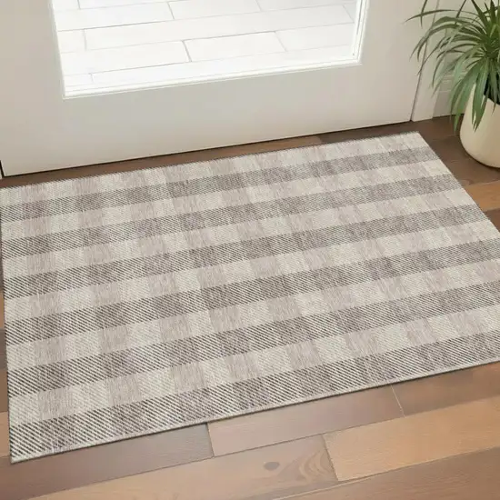 Beige And Ivory Plaid Washable Area Rug With UV Protection Photo 1