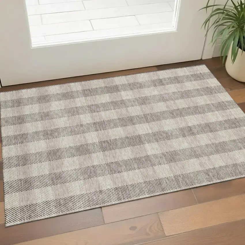 Beige And Ivory Plaid Washable Area Rug With UV Protection Photo 1