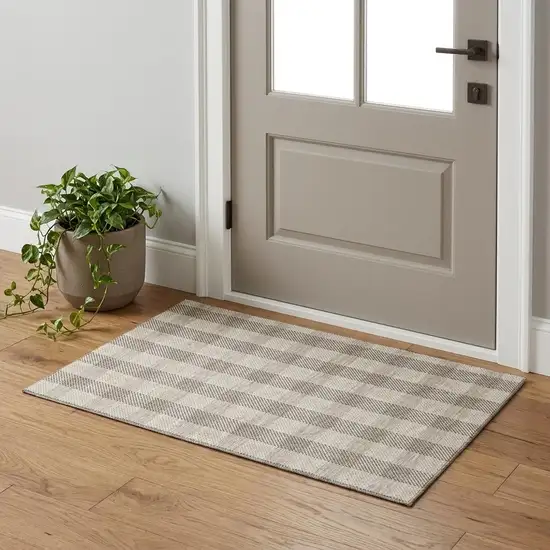 Beige And Ivory Plaid Washable Area Rug With UV Protection Photo 1
