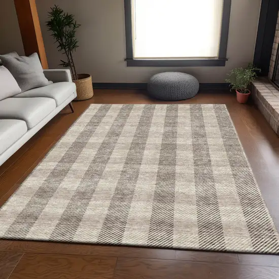 Beige And Ivory Plaid Washable Area Rug With UV Protection Photo 5
