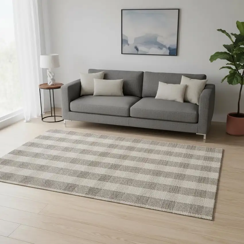 Beige And Ivory Plaid Washable Area Rug With UV Protection Photo 2