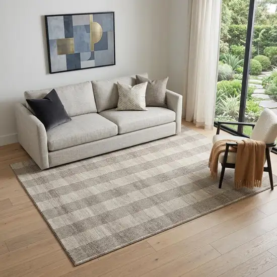 Beige And Ivory Plaid Washable Area Rug With UV Protection Photo 1