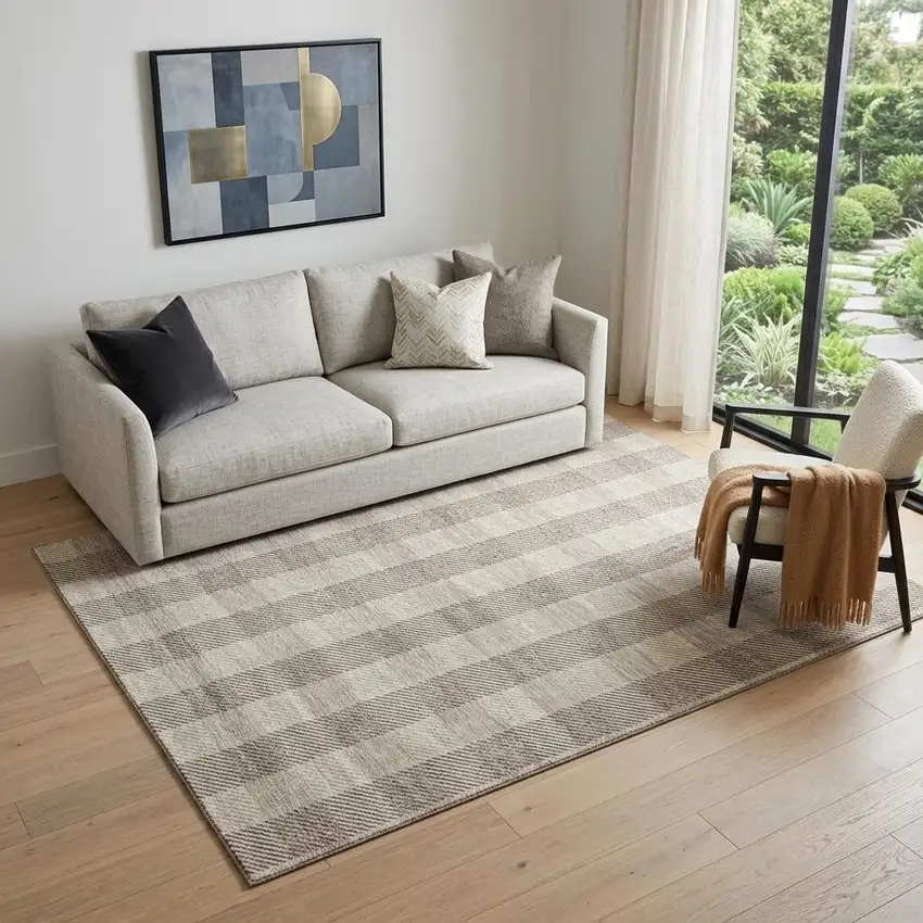 Beige And Ivory Plaid Washable Area Rug With UV Protection Photo 1
