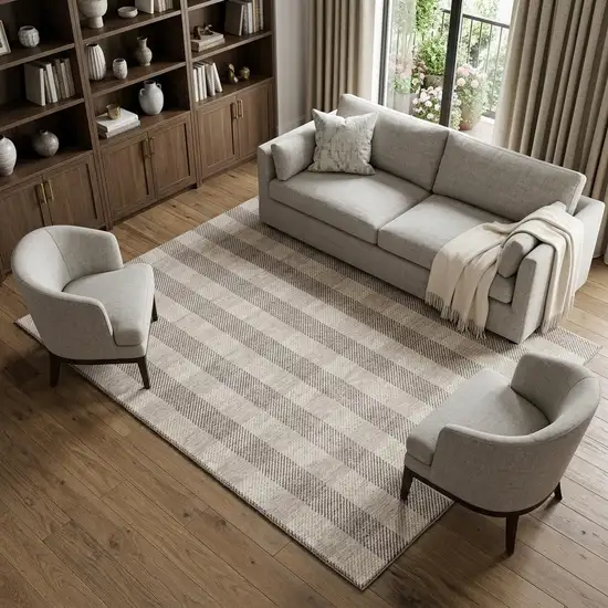Beige And Ivory Plaid Washable Area Rug With UV Protection Photo 1