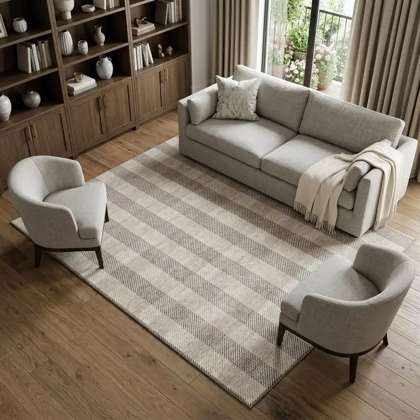 Beige And Ivory Plaid Washable Area Rug With UV Protection Photo 1