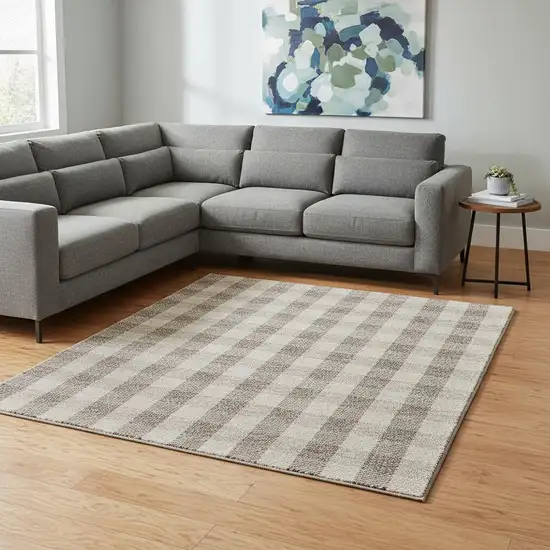 Beige And Ivory Plaid Washable Area Rug With UV Protection Photo 2