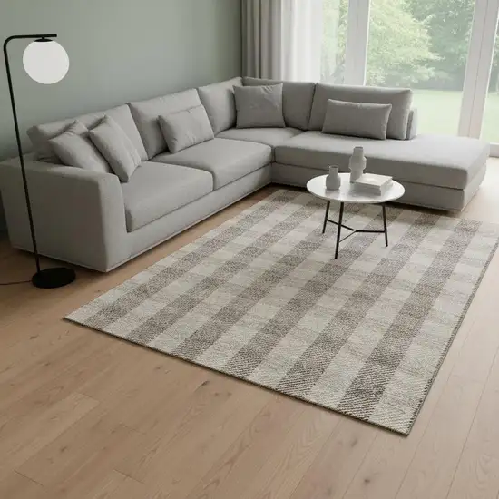 Beige And Ivory Plaid Washable Area Rug With UV Protection Photo 2