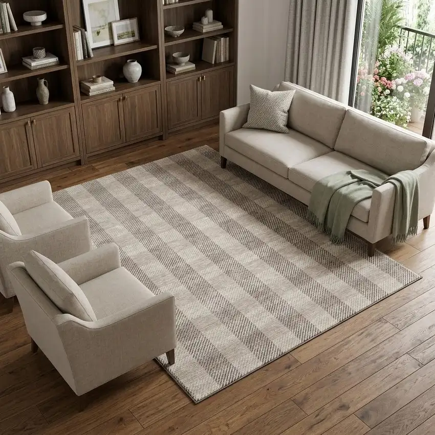 Beige And Ivory Plaid Washable Area Rug With UV Protection Photo 1