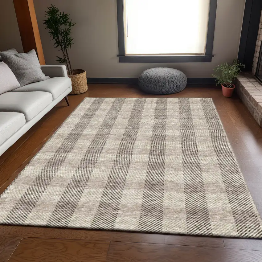 Beige And Ivory Plaid Washable Area Rug With UV Protection Photo 5