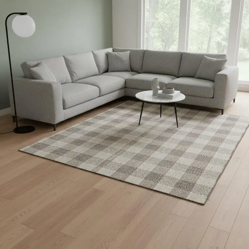 Beige And Ivory Plaid Washable Area Rug With UV Protection Photo 2