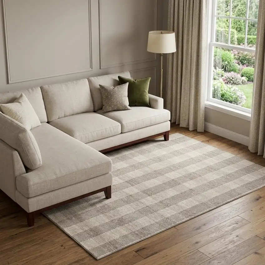 Beige And Ivory Plaid Washable Area Rug With UV Protection Photo 1