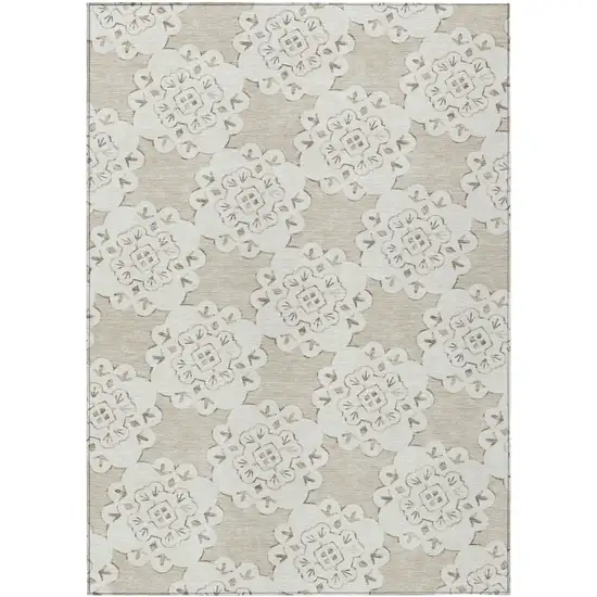 Beige And Ivory Quatrefoil Washable Indoor Outdoor Area Rug Photo 2