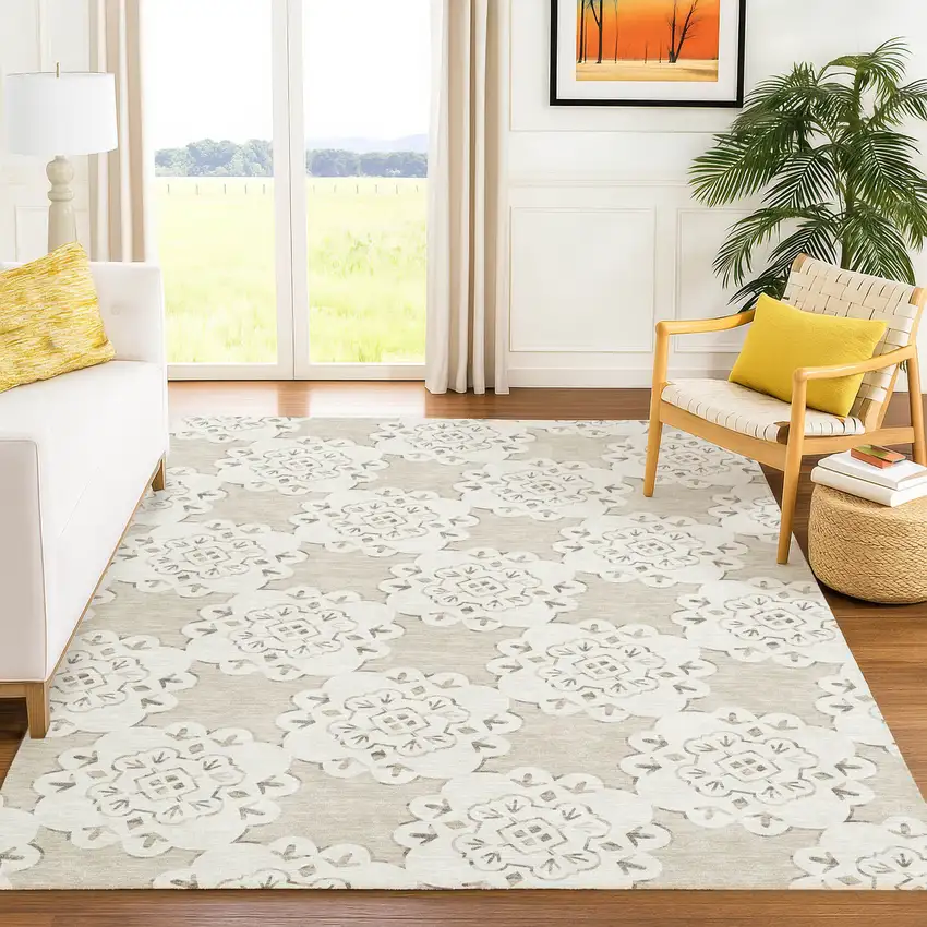 Beige And Ivory Quatrefoil Washable Indoor Outdoor Area Rug Photo 8