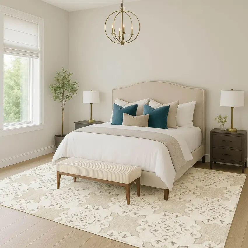 Beige And Ivory Quatrefoil Washable Indoor Outdoor Area Rug Photo 7