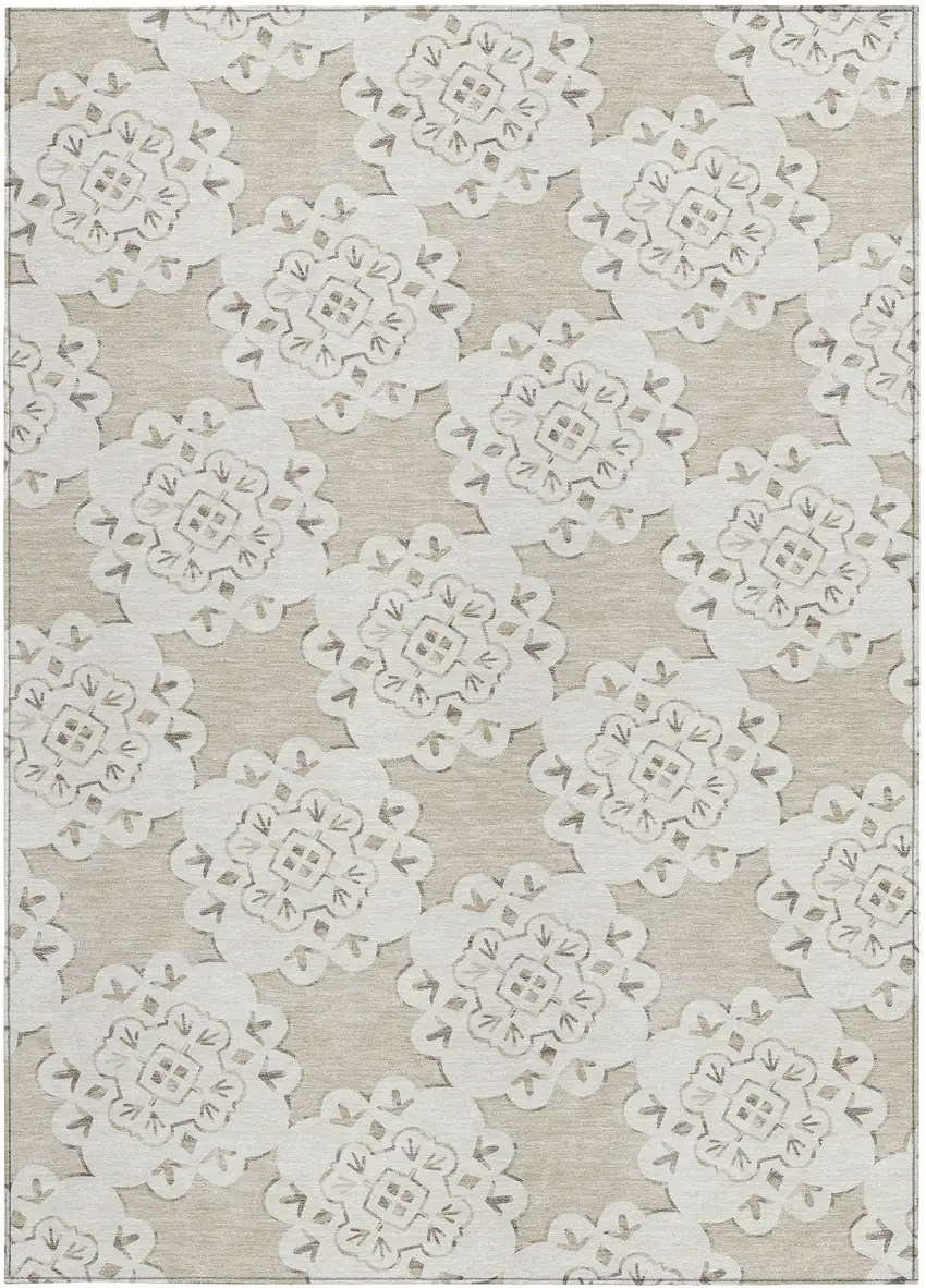 Beige And Ivory Quatrefoil Washable Indoor Outdoor Area Rug Photo 4