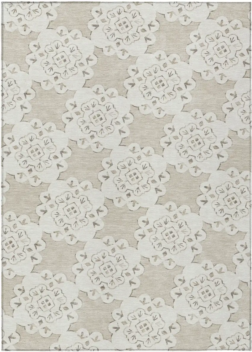 Beige And Ivory Quatrefoil Washable Indoor Outdoor Area Rug Photo 2