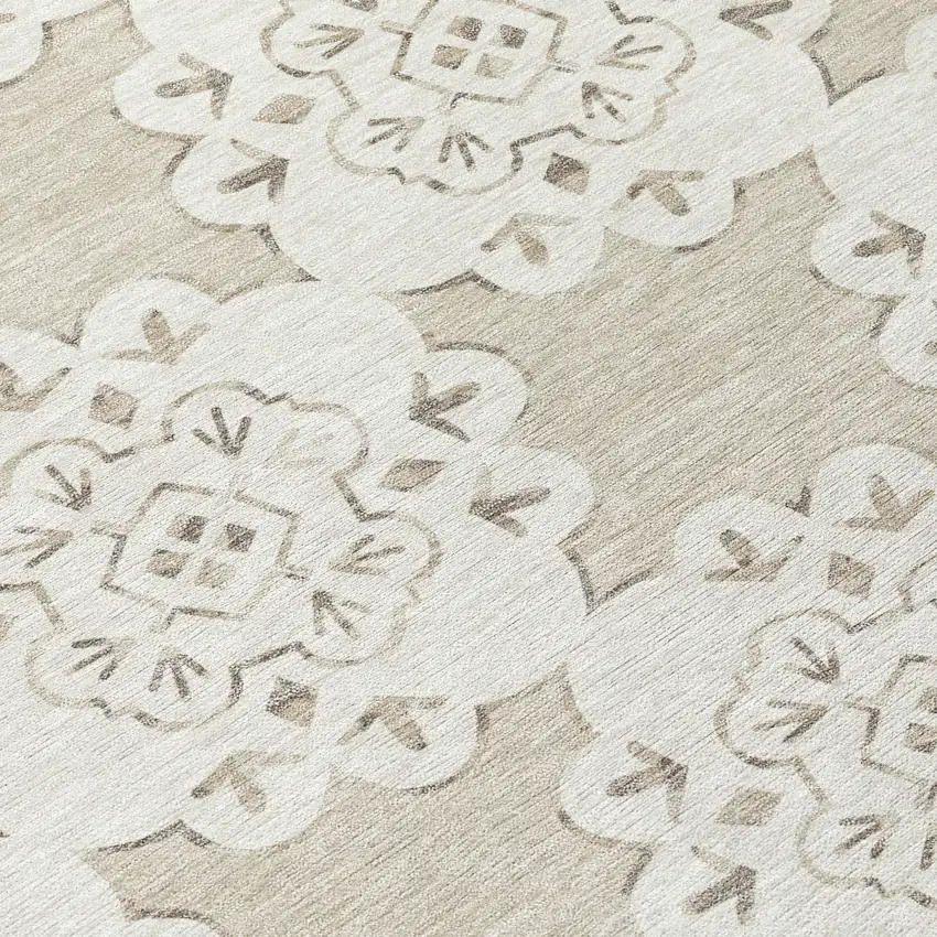 Beige And Ivory Quatrefoil Washable Indoor Outdoor Area Rug Photo 8