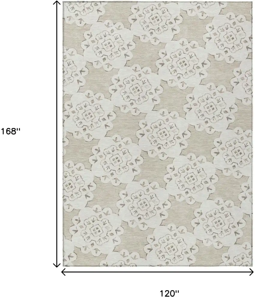Beige And Ivory Quatrefoil Washable Indoor Outdoor Area Rug Photo 3