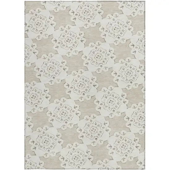 Beige And Ivory Quatrefoil Washable Indoor Outdoor Area Rug Photo 4