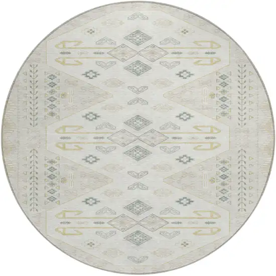 Beige And Ivory Round Geometric Washable Indoor Outdoor Area Rug Photo 1