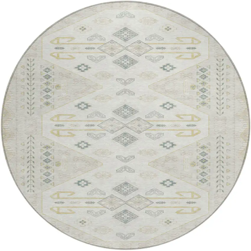 Beige And Ivory Round Geometric Washable Indoor Outdoor Area Rug Photo 1