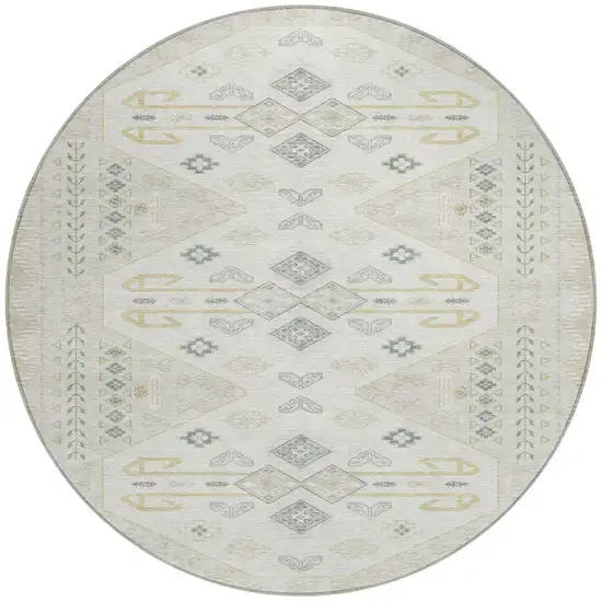 Beige And Ivory Round Geometric Washable Indoor Outdoor Area Rug Photo 3