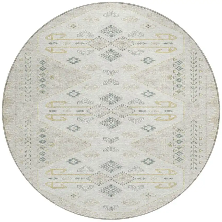 Beige And Ivory Round Geometric Washable Indoor Outdoor Area Rug Photo 3