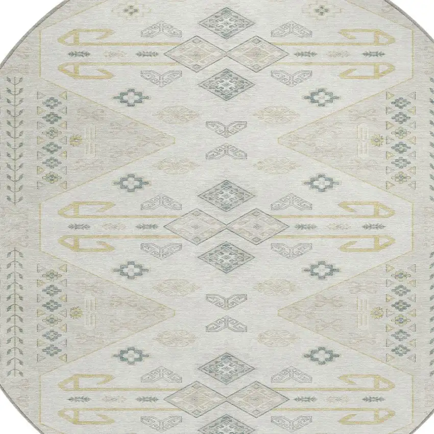 Beige And Ivory Round Geometric Washable Indoor Outdoor Area Rug Photo 2