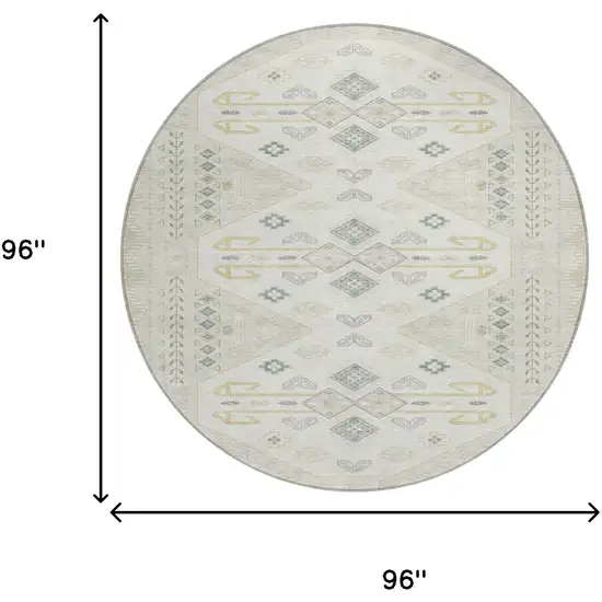 Beige And Ivory Round Geometric Washable Indoor Outdoor Area Rug Photo 6