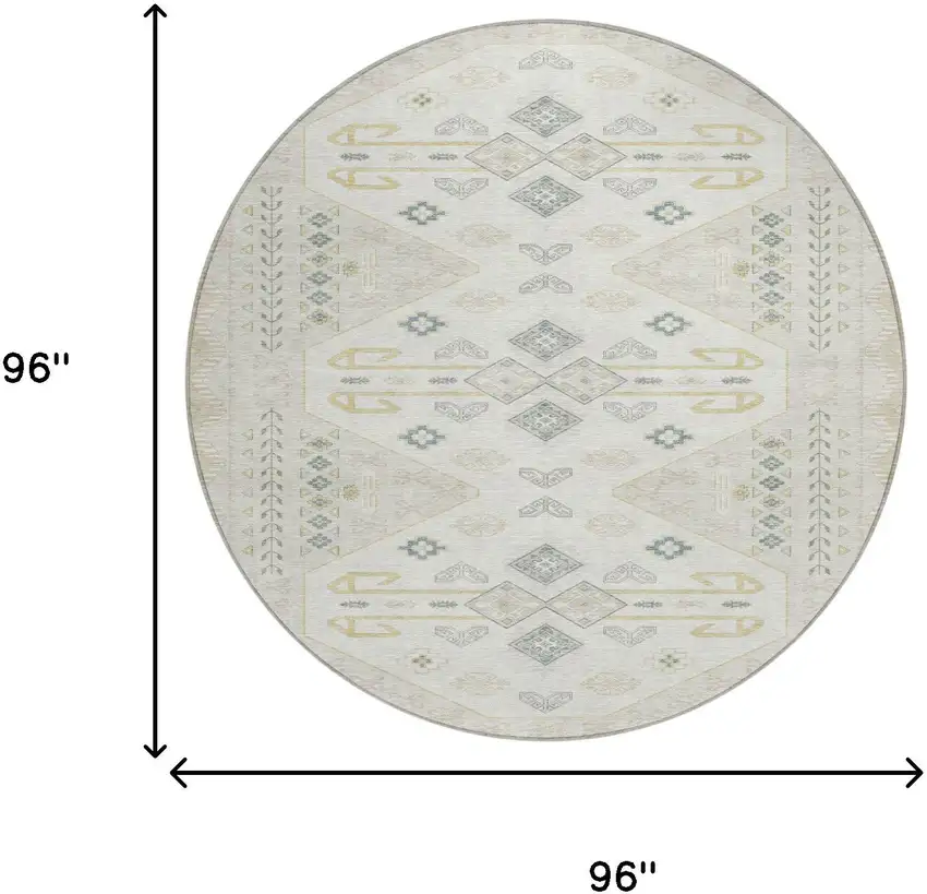 Beige And Ivory Round Geometric Washable Indoor Outdoor Area Rug Photo 6