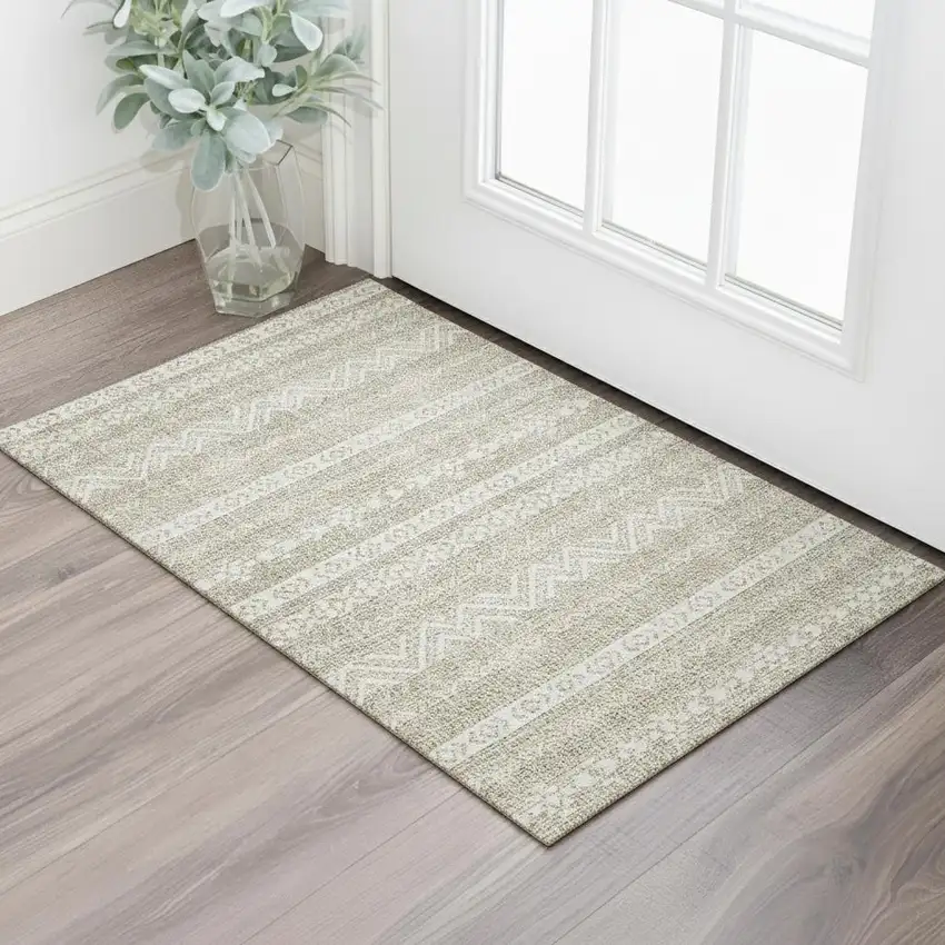 Beige And Ivory Southwestern Washable Area Rug With UV Protection Photo 1
