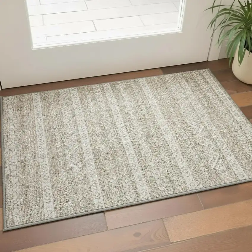 Beige And Ivory Southwestern Washable Area Rug With UV Protection Photo 2