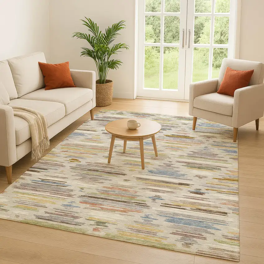 Beige And Ivory Southwestern Washable Indoor Outdoor Area Rug Photo 5
