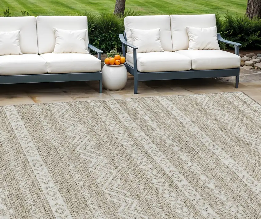 Beige And Ivory Southwestern Washable Indoor Outdoor Area Rug Photo 1