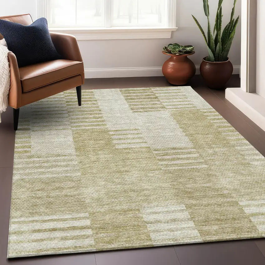Beige And Ivory Striped Washable Area Rug With UV Protection Photo 5