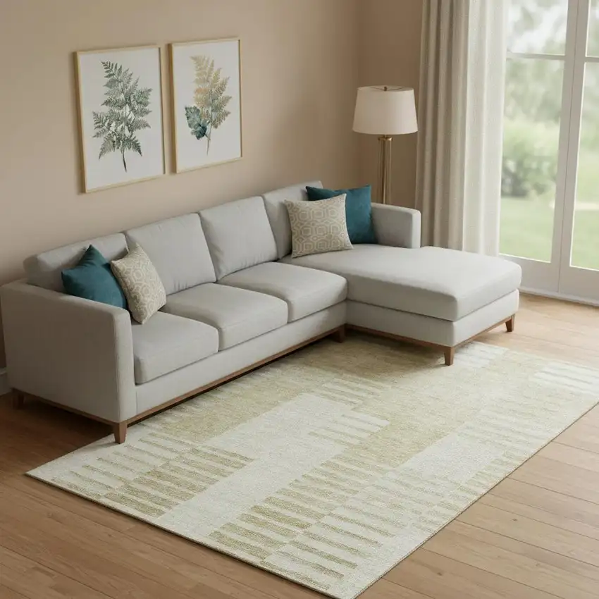 Beige And Ivory Striped Washable Area Rug With UV Protection Photo 1