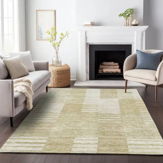 Beige And Ivory Striped Washable Area Rug With UV Protection Photo 4