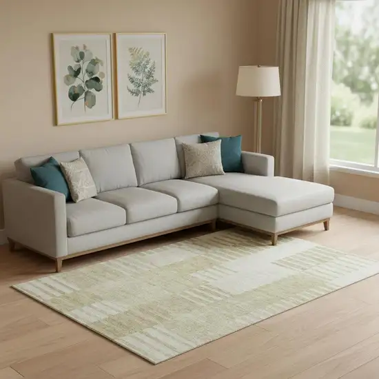 Beige And Ivory Striped Washable Area Rug With UV Protection Photo 1