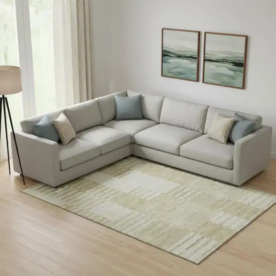 Beige And Ivory Striped Washable Area Rug With UV Protection Photo 1