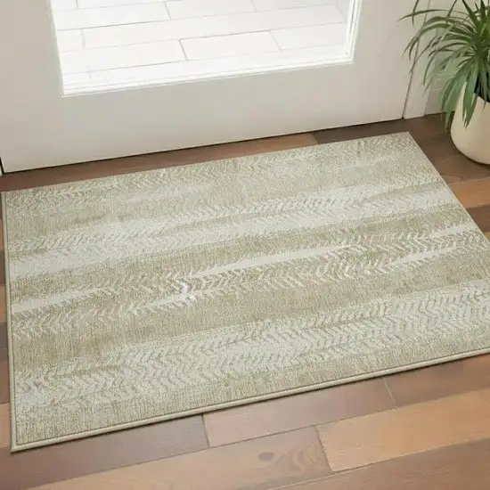 Beige And Ivory Striped Washable Area Rug With UV Protection Photo 1