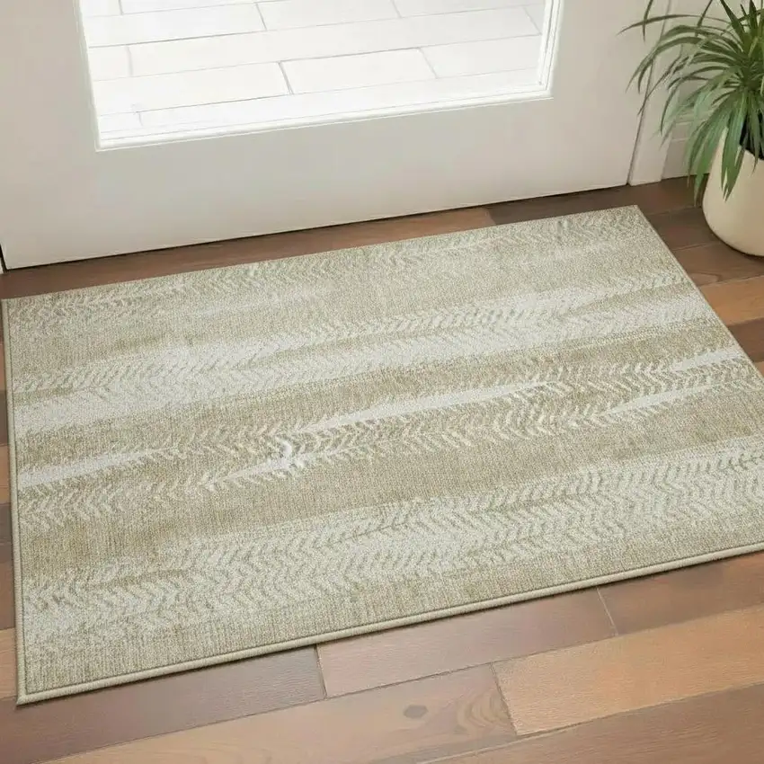 Beige And Ivory Striped Washable Area Rug With UV Protection Photo 1