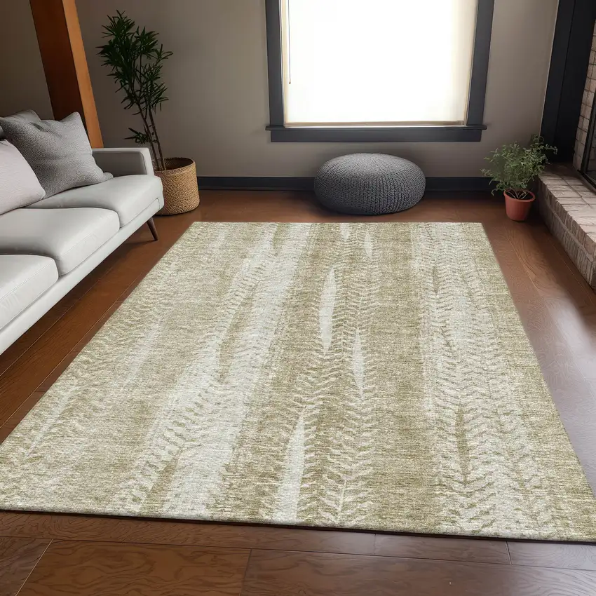 Beige And Ivory Striped Washable Area Rug With UV Protection Photo 4