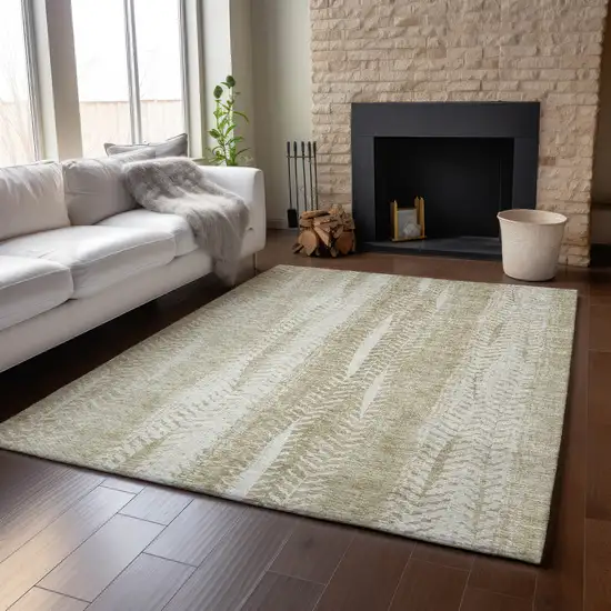Beige And Ivory Striped Washable Area Rug With UV Protection Photo 5