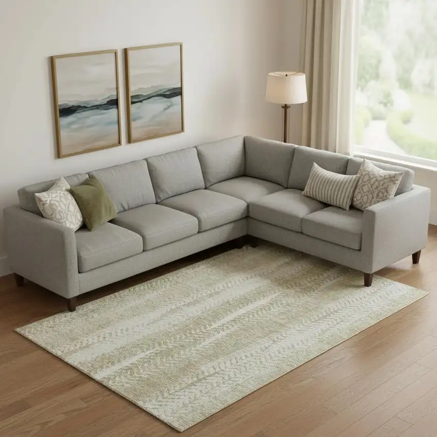 Beige And Ivory Striped Washable Area Rug With UV Protection Photo 1