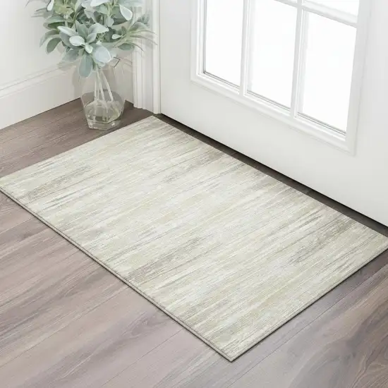 Beige And Ivory Striped Washable Area Rug With UV Protection Photo 2